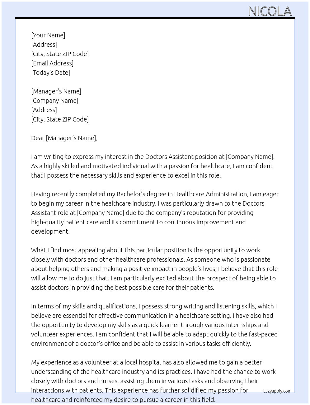 Doctors assistant At Doctors Cover Letter