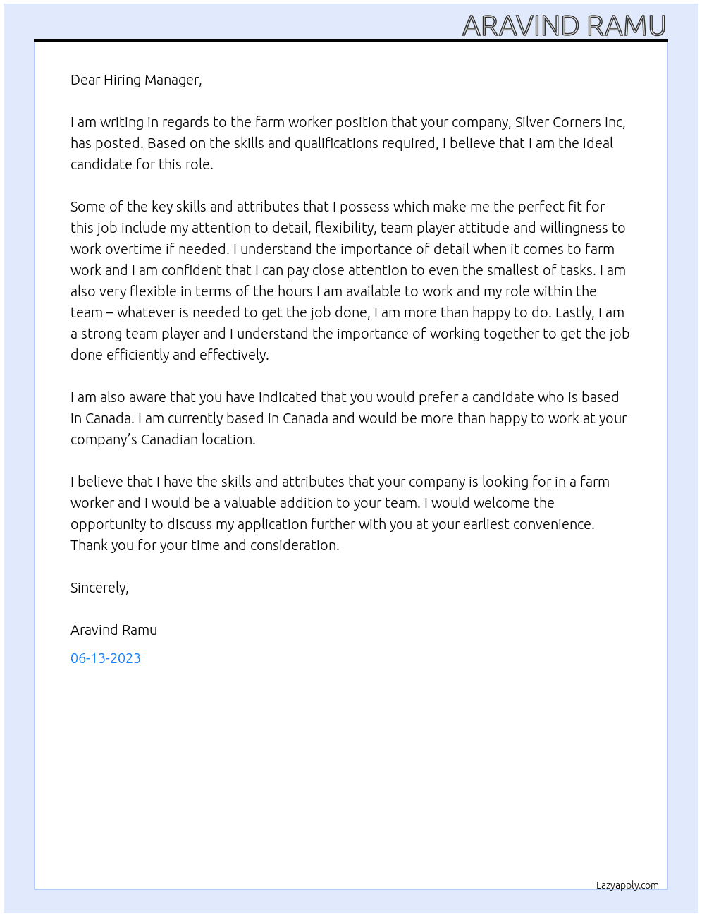 Farm worker  At Silver Corners Inc Cover Letter