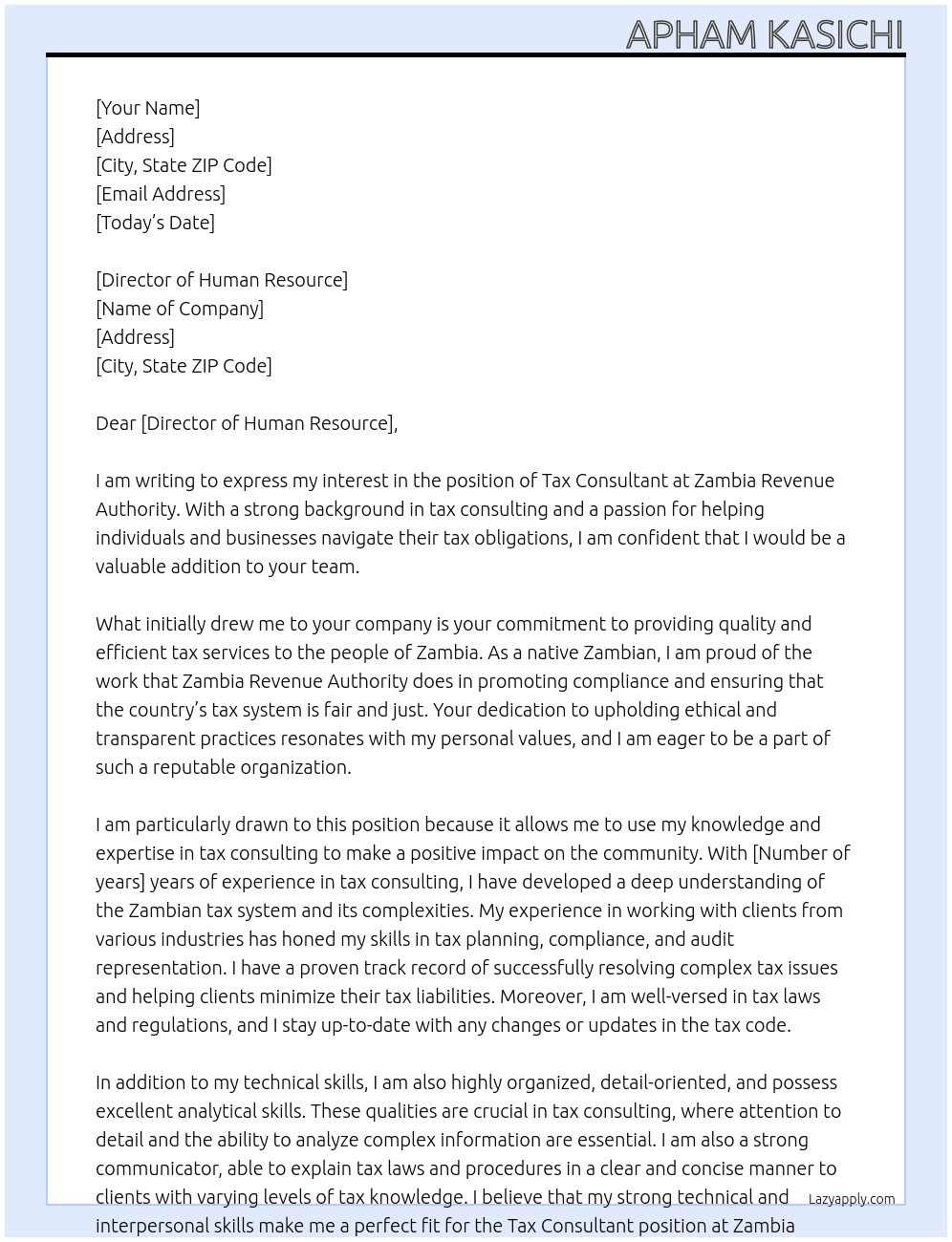 tax consultant At zambia revenue authority Cover Letter