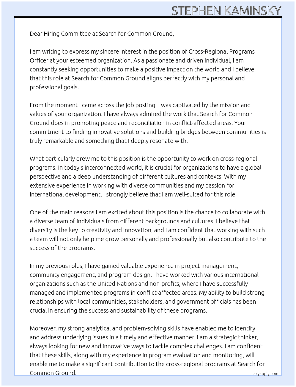 Cross-Regional Programs Officer At Search for Common Ground Cover Letter
