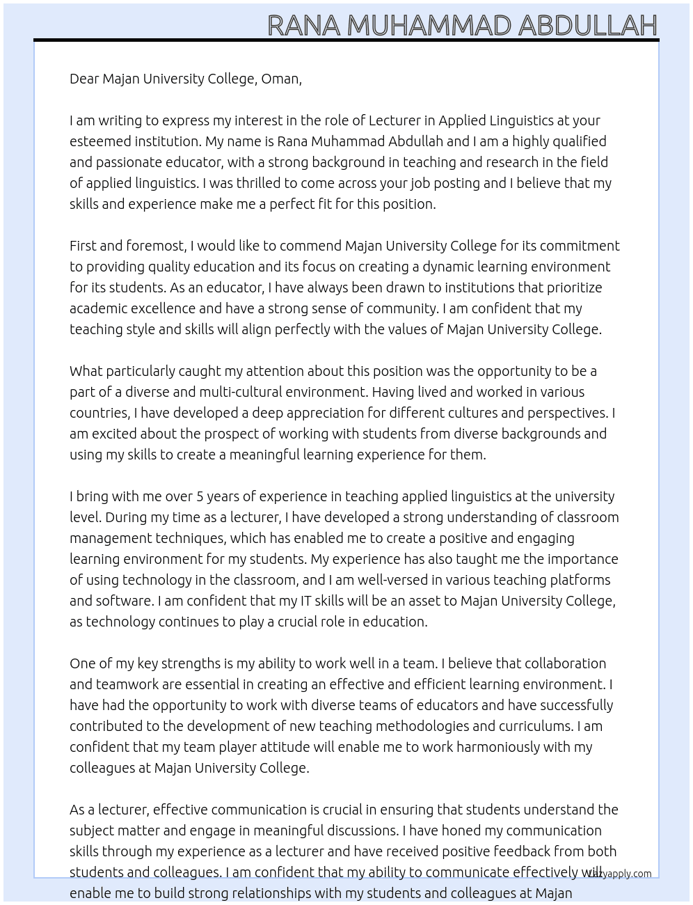 Lecturer in applied linguistics At Majan University College, Oman Cover Letter