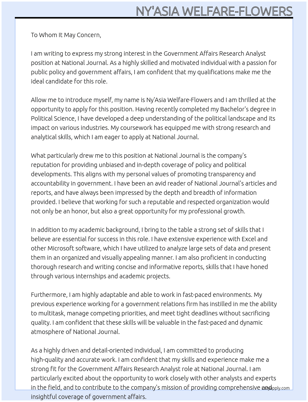 Government Affairs Research Analyst At National Journal Cover Letter
