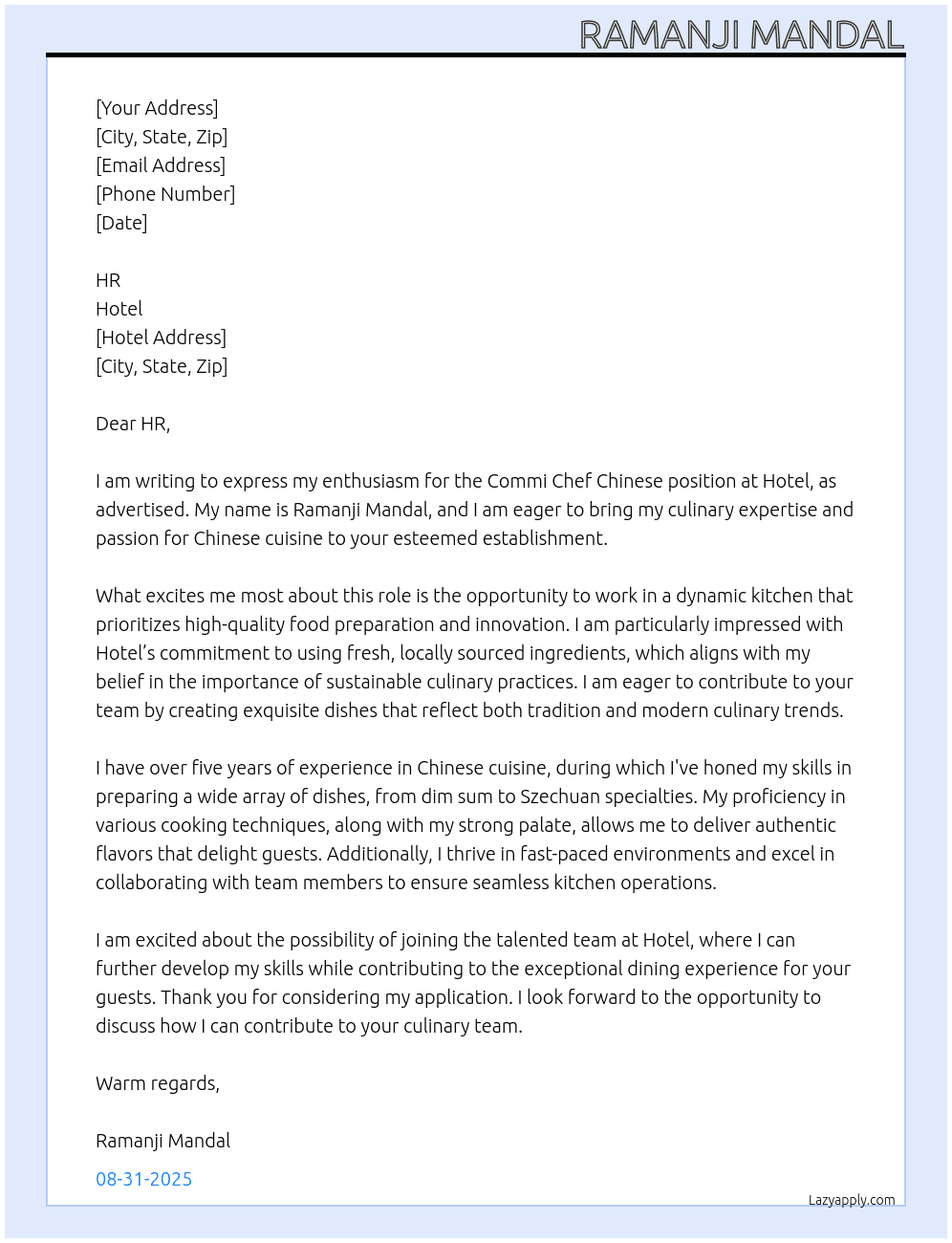 Commi chif chinese At Hotel Cover Letter