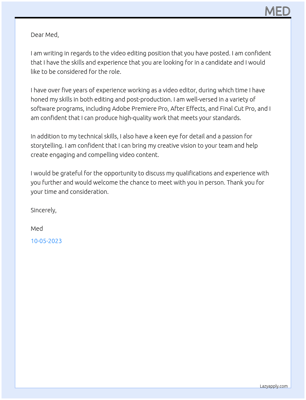 video editing At med Cover Letter