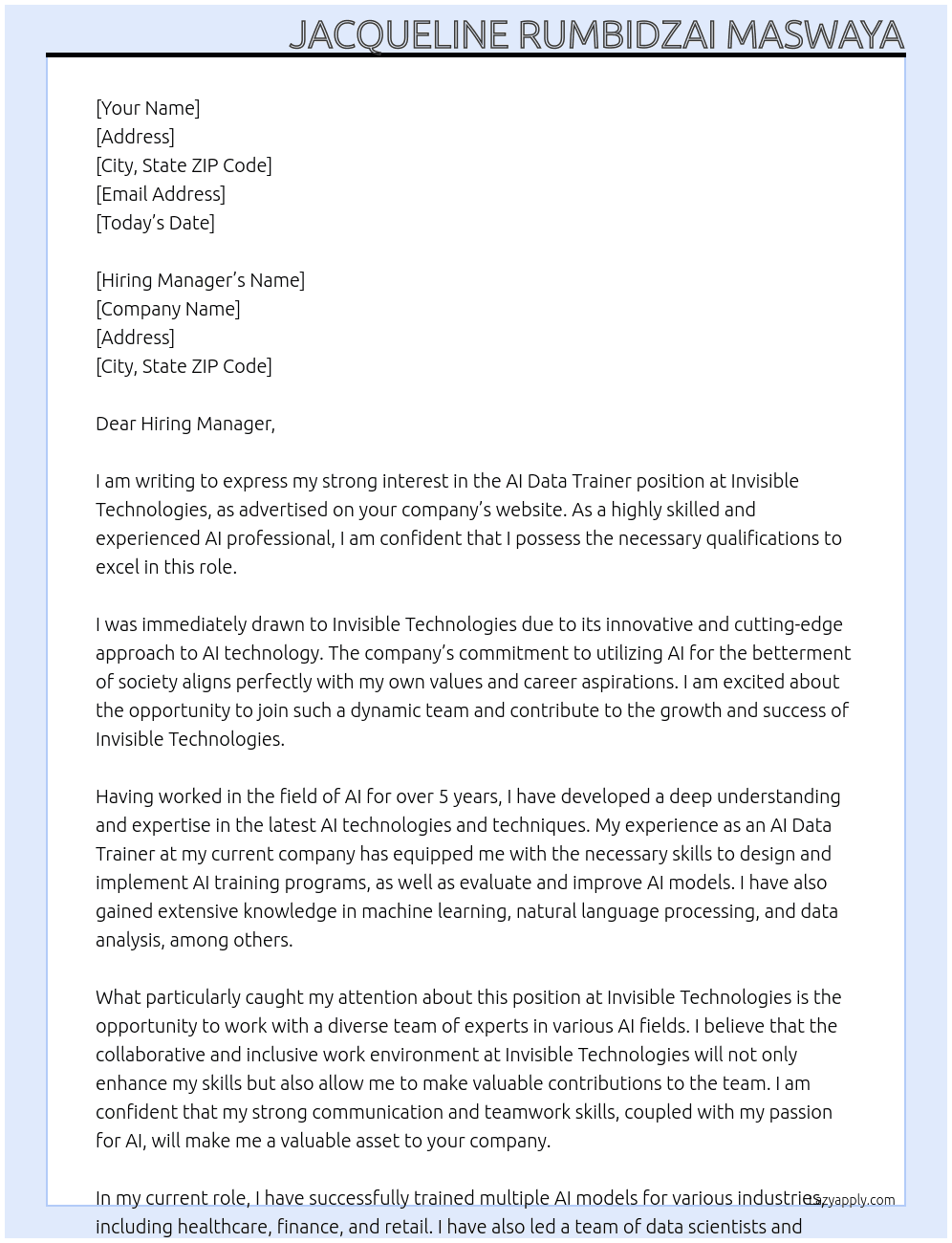 ai data trainer At invisible technologies Cover Letter