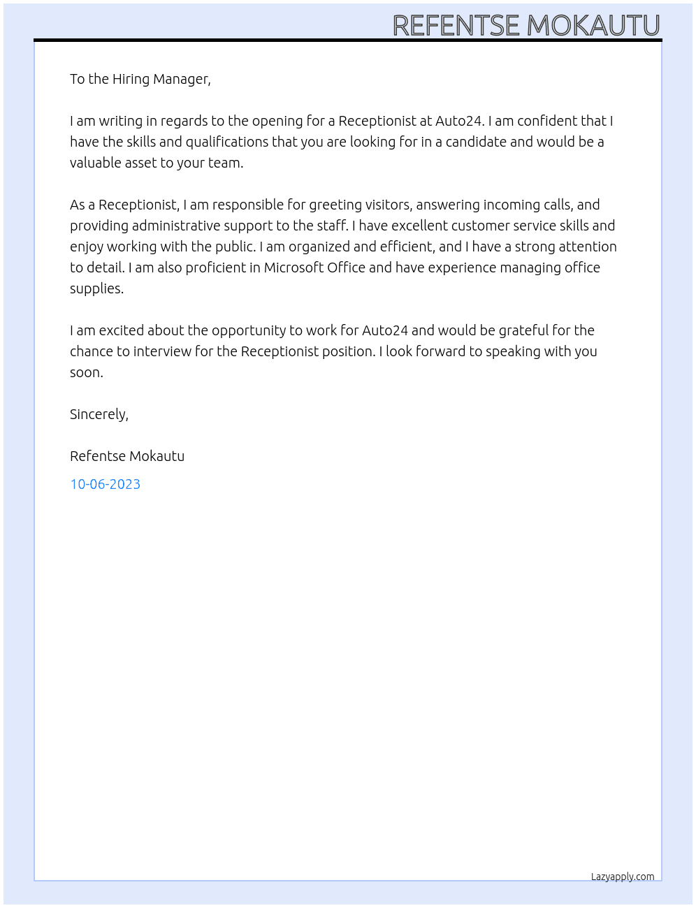 Receptionist At Auto24 Cover Letter