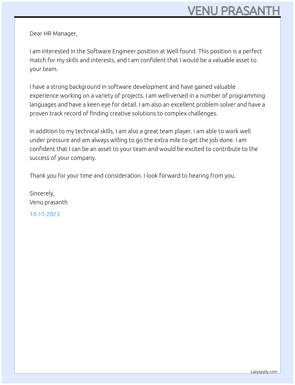 Software engineer At Well found Cover Letter