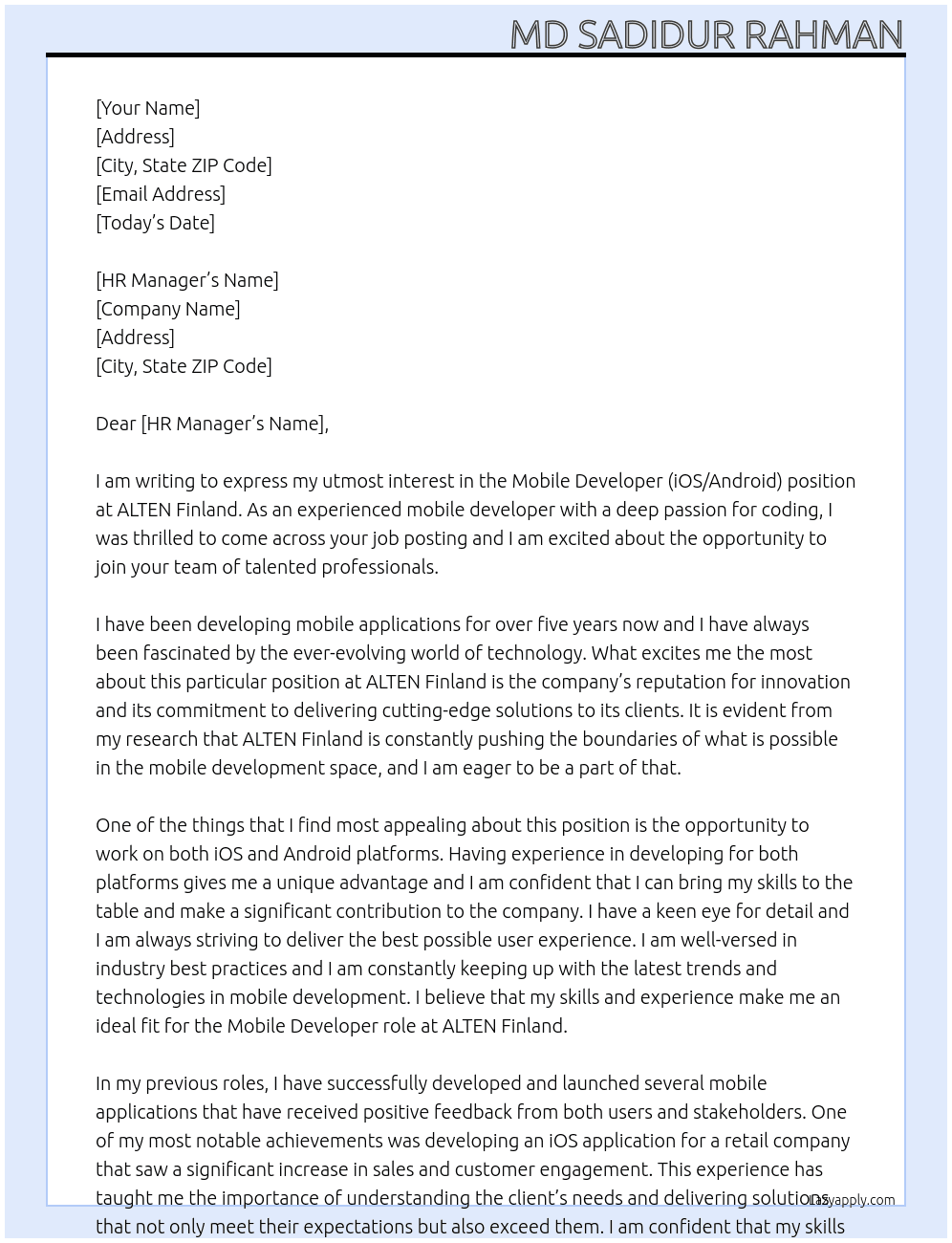 Mobile Developer (iOS/Android) At ALTEN Finland Cover Letter