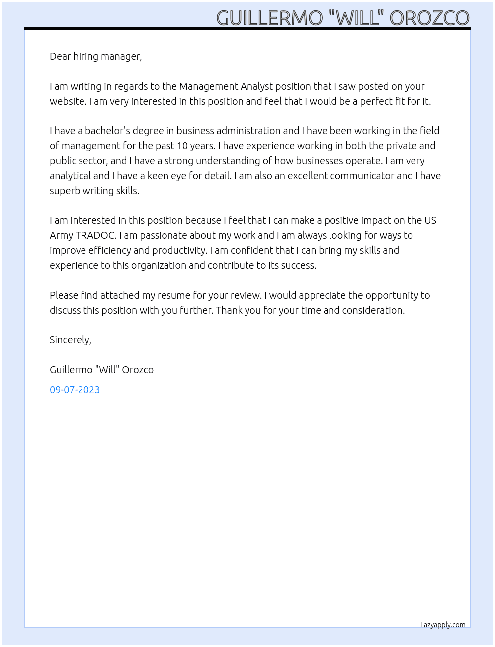 Management Analyst At US Army TRADOC Cover Letter