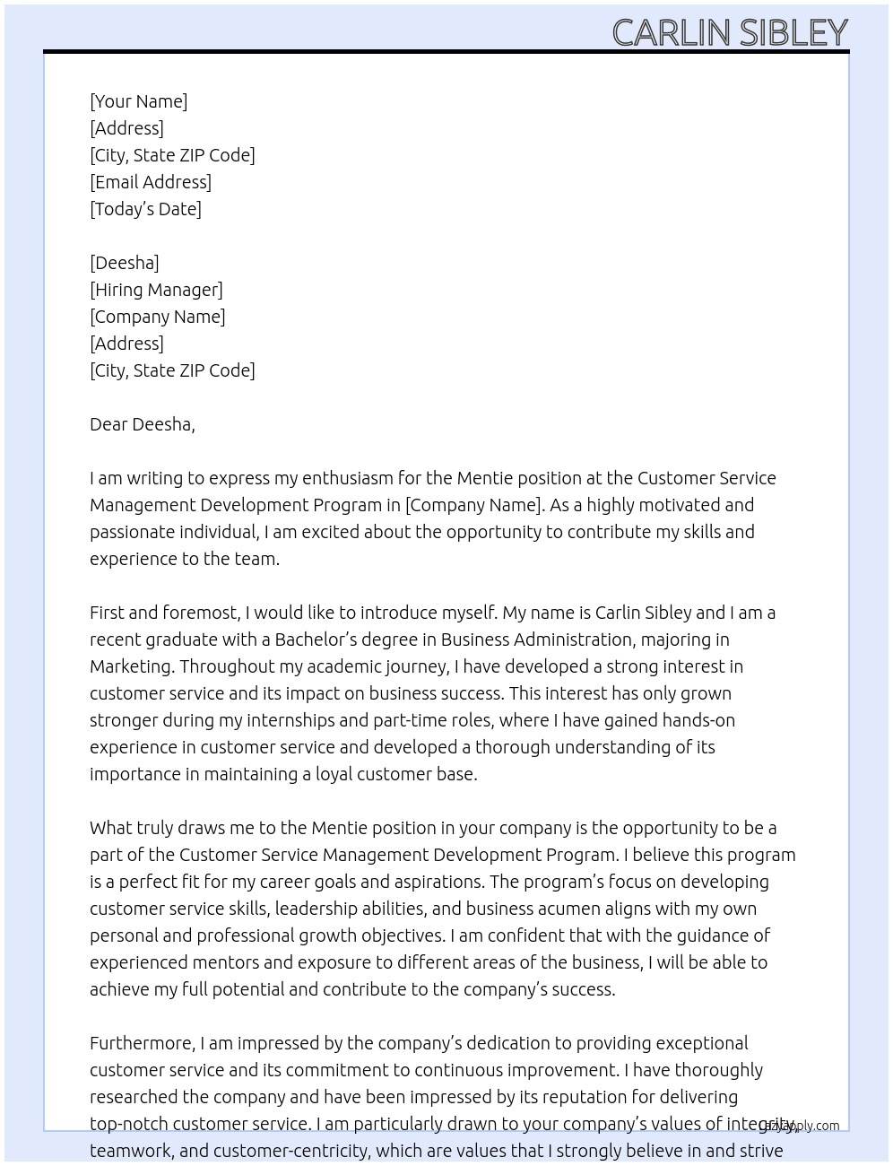 Mentie  At Customer service management development program Cover Letter