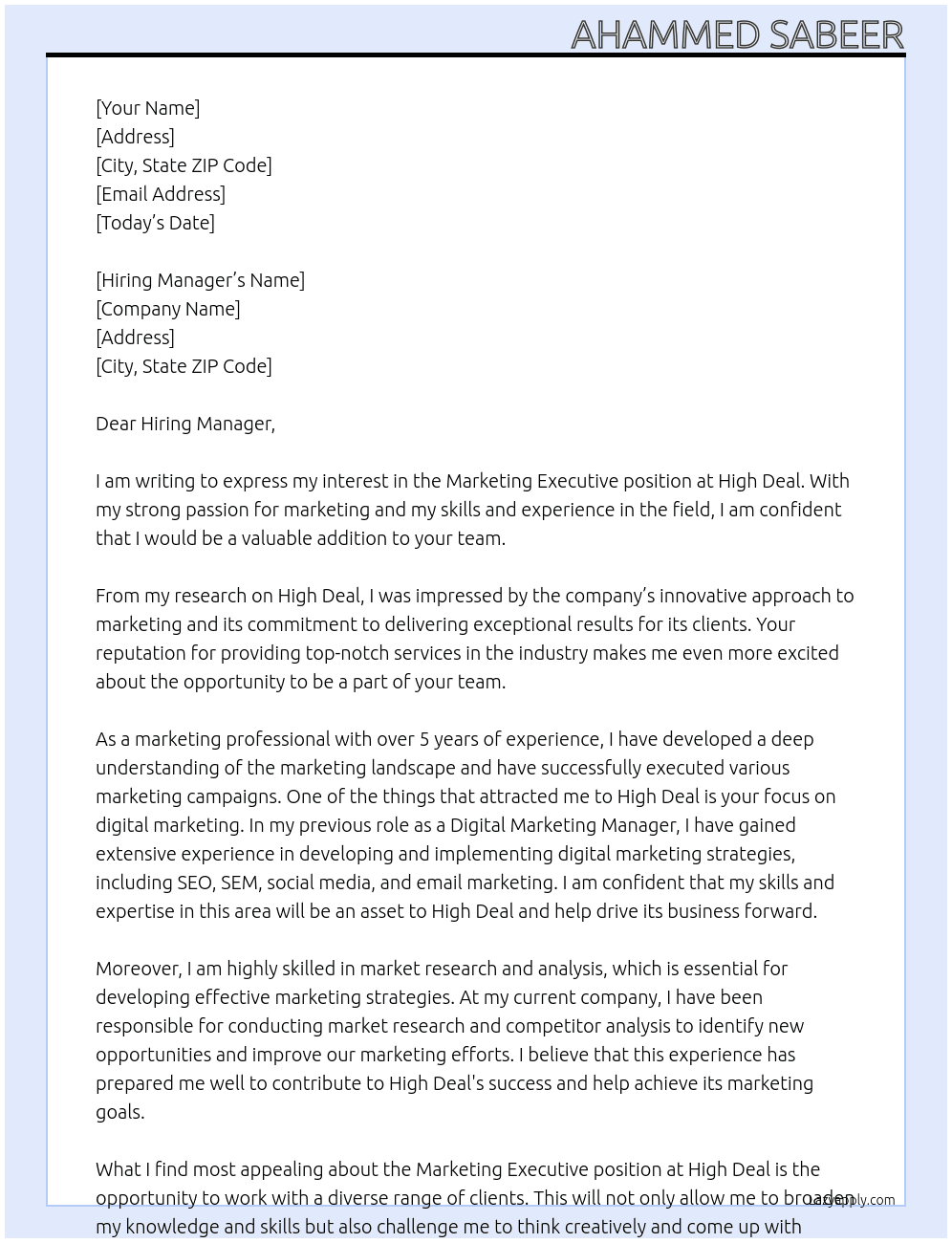 Marketing executive  At High deal Cover Letter