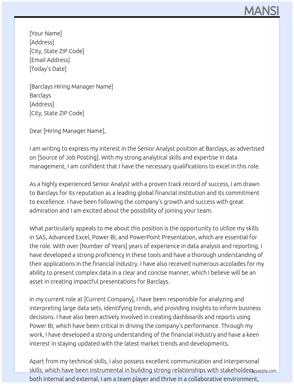 Senior Analyst  At Barclays  Cover Letter