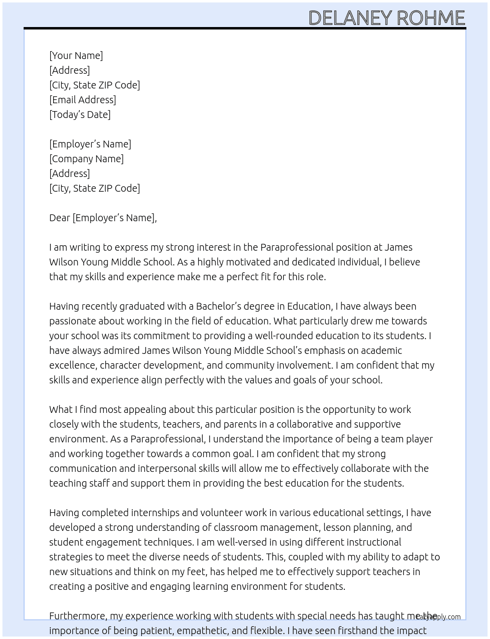 Paraprofessional At James WIlson Young Middle School Cover Letter