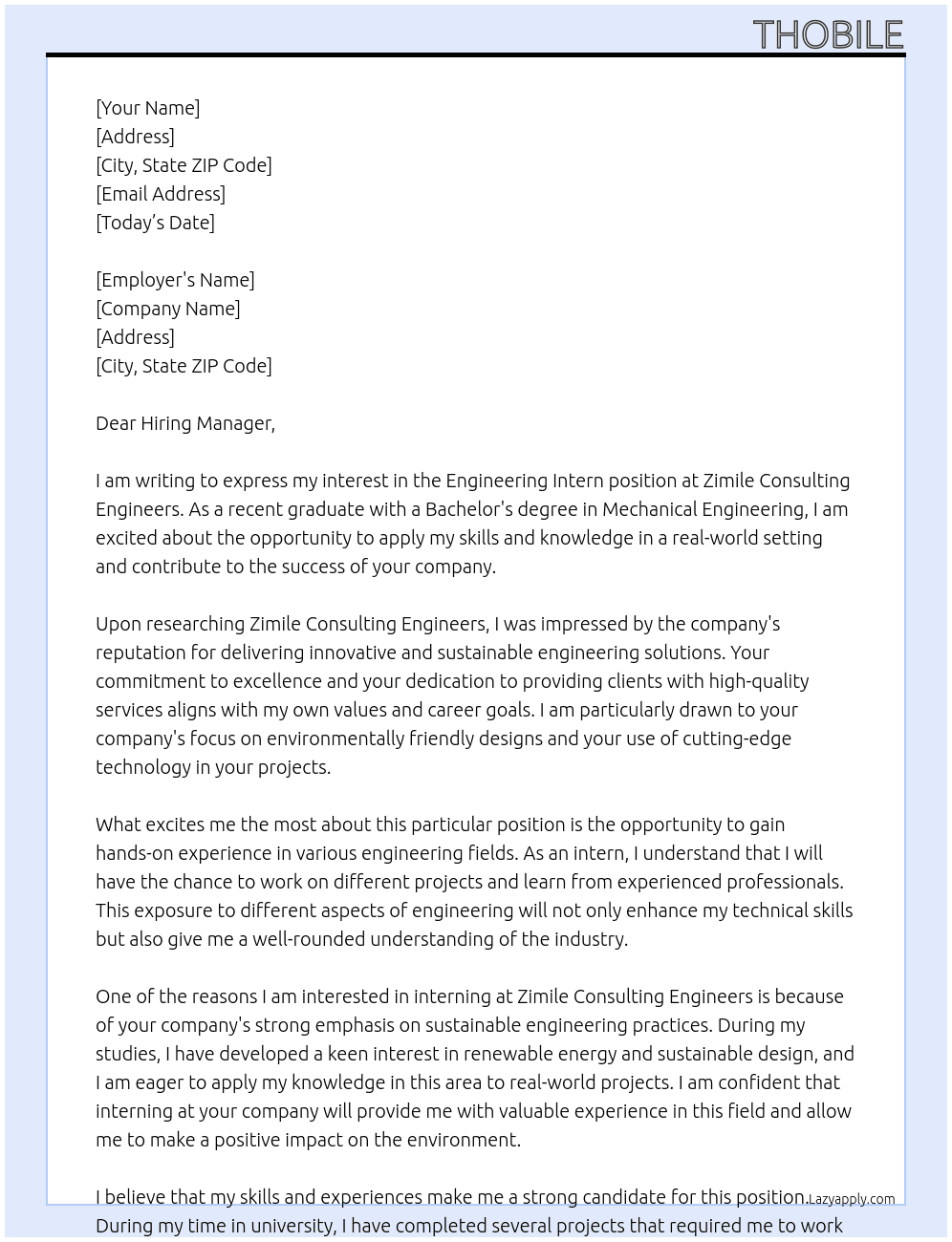 Engineering intern At Zimile consulting engineers  Cover Letter