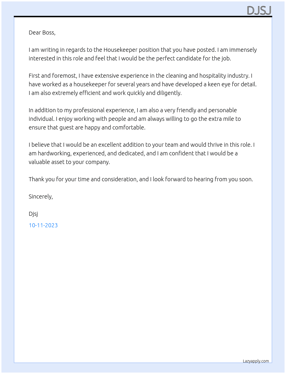 Housekeeper At Djdj Cover Letter