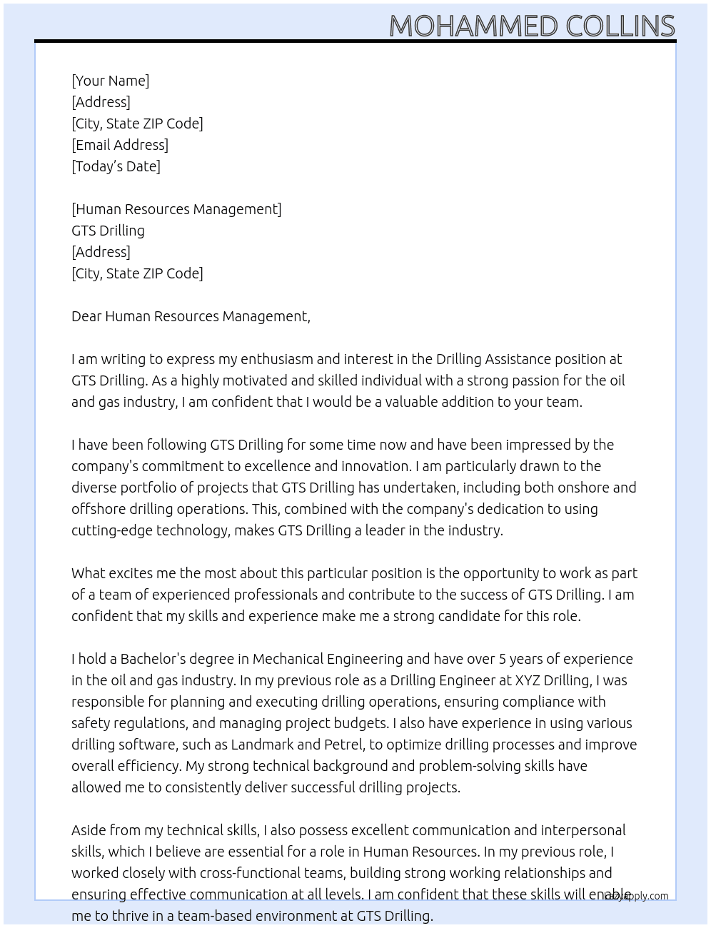 Drilling Assistance  At GTS Drilling  Cover Letter