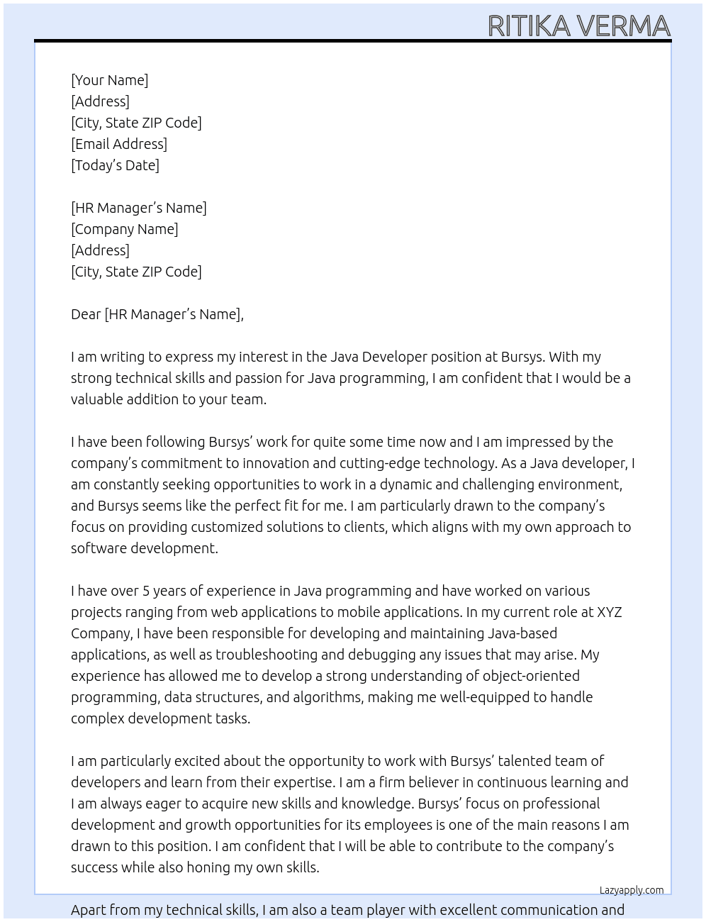 Java developer At Bursys Cover Letter