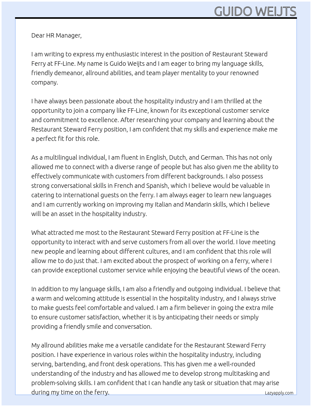 Restaurant Steward Ferry At FF-Line Cover Letter
