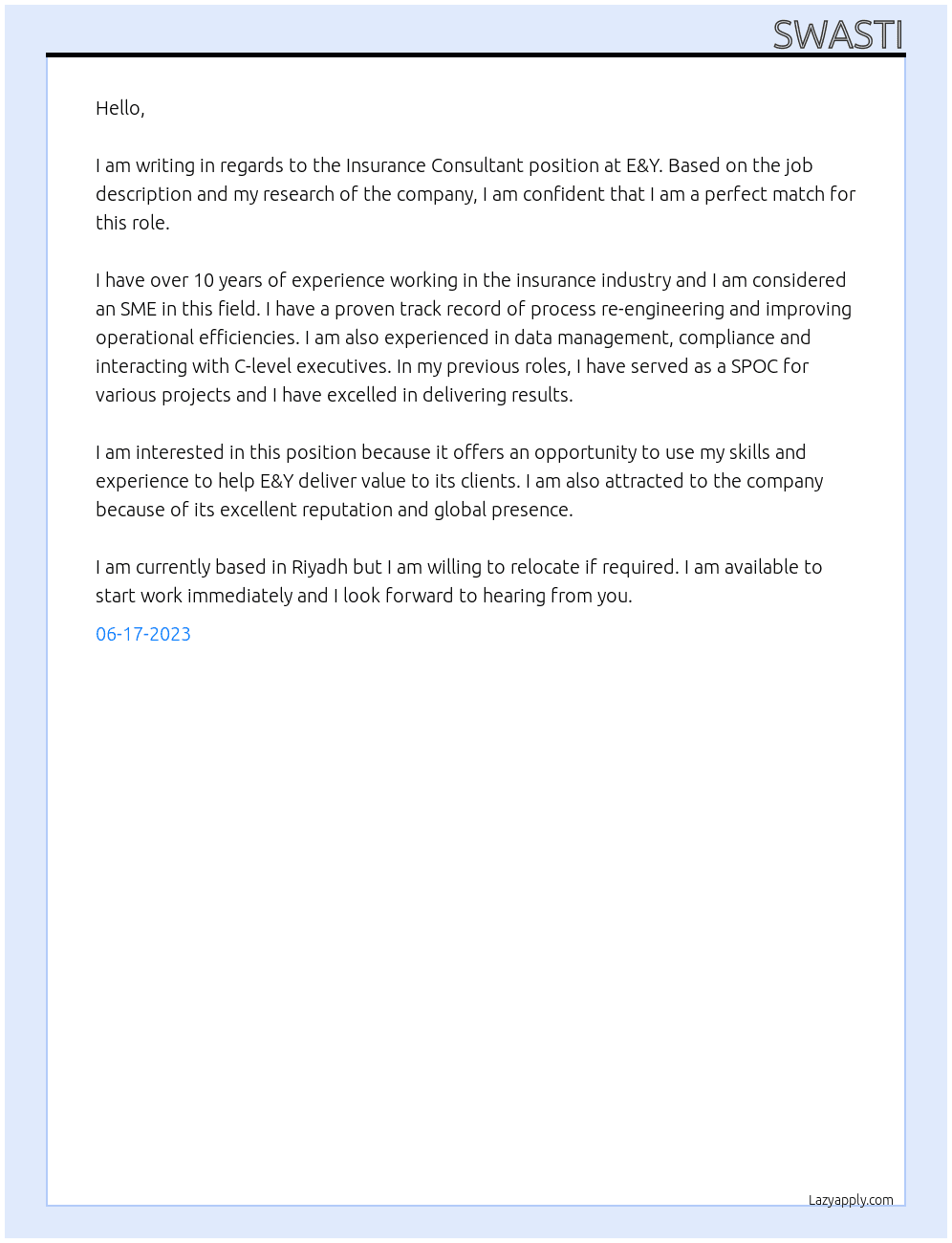 Insurance Consultant At E&Y Cover Letter