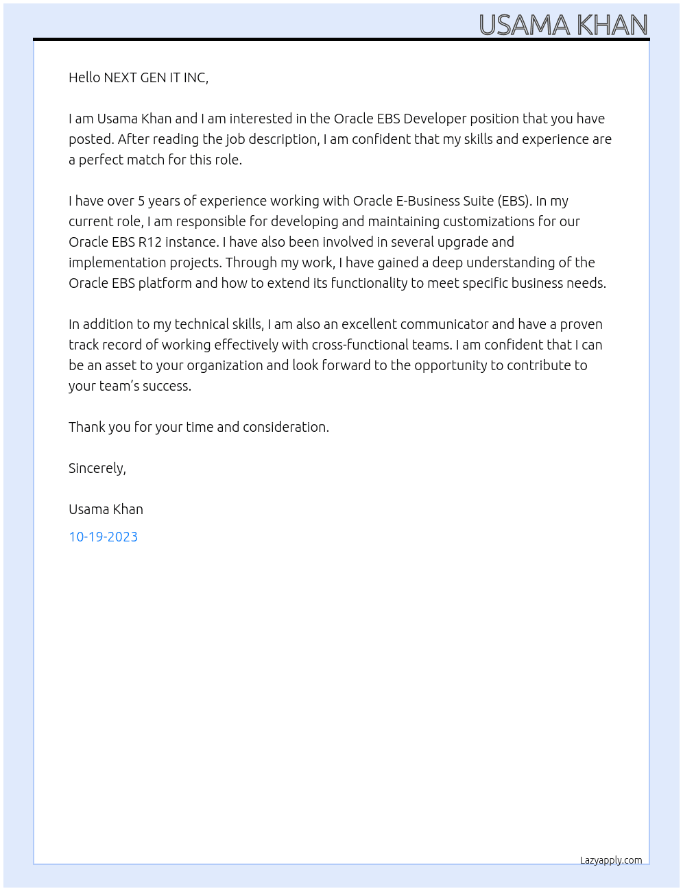 Oracle EBS Developer At NEXT GEN IT INC Cover Letter