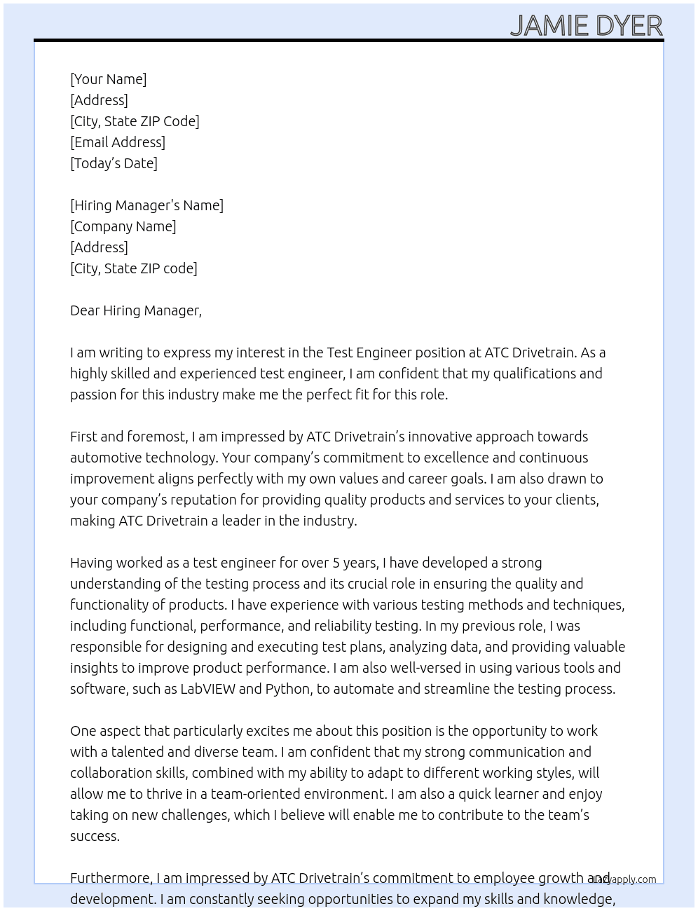 Test Engineer At ATC Drivetrain Cover Letter