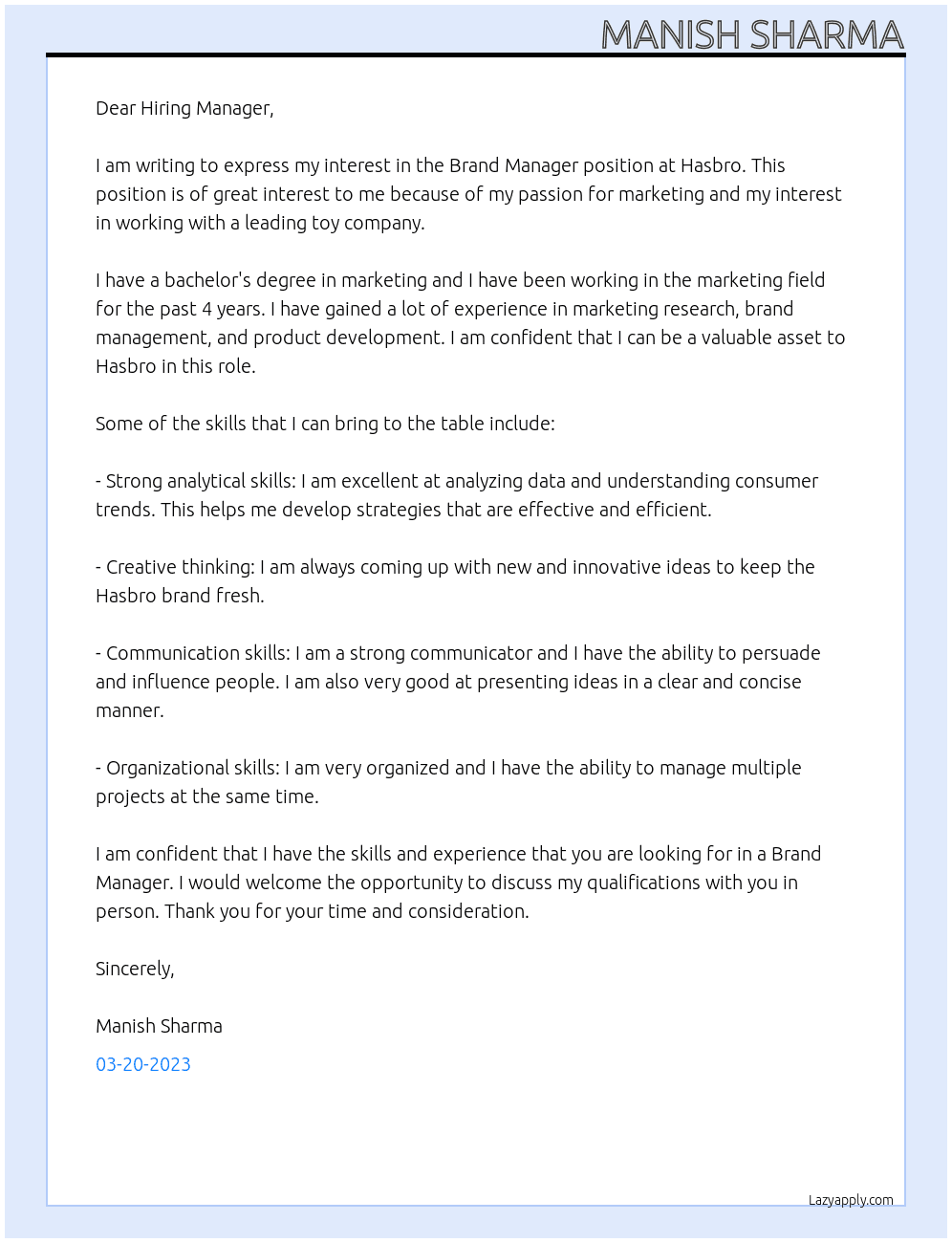 Brand Manager  At hasbro Cover Letter