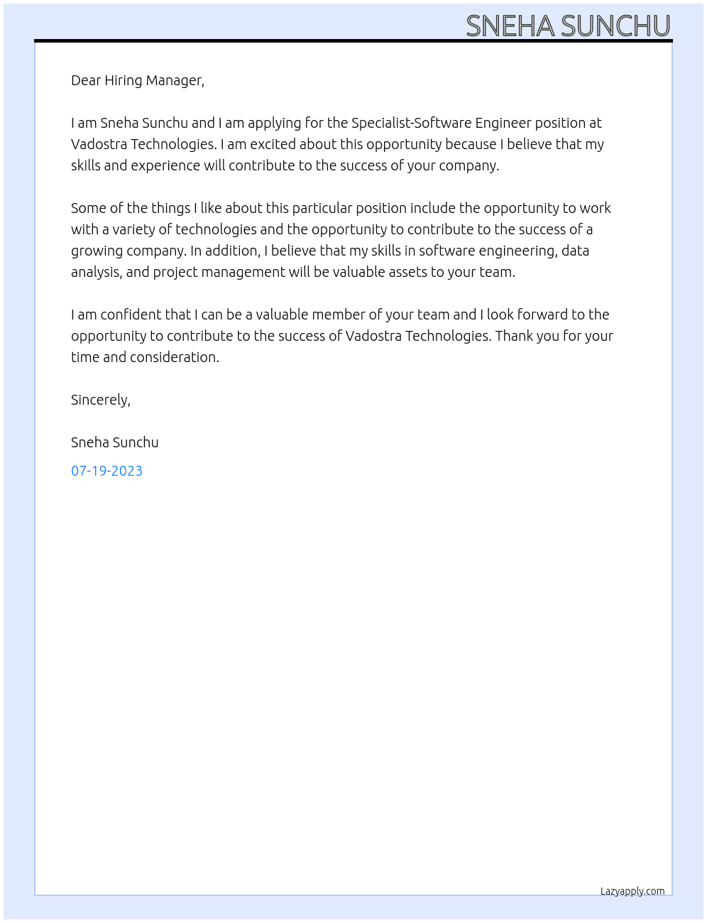 Specialist-Software Engineer At Vadostra Technologies Cover Letter