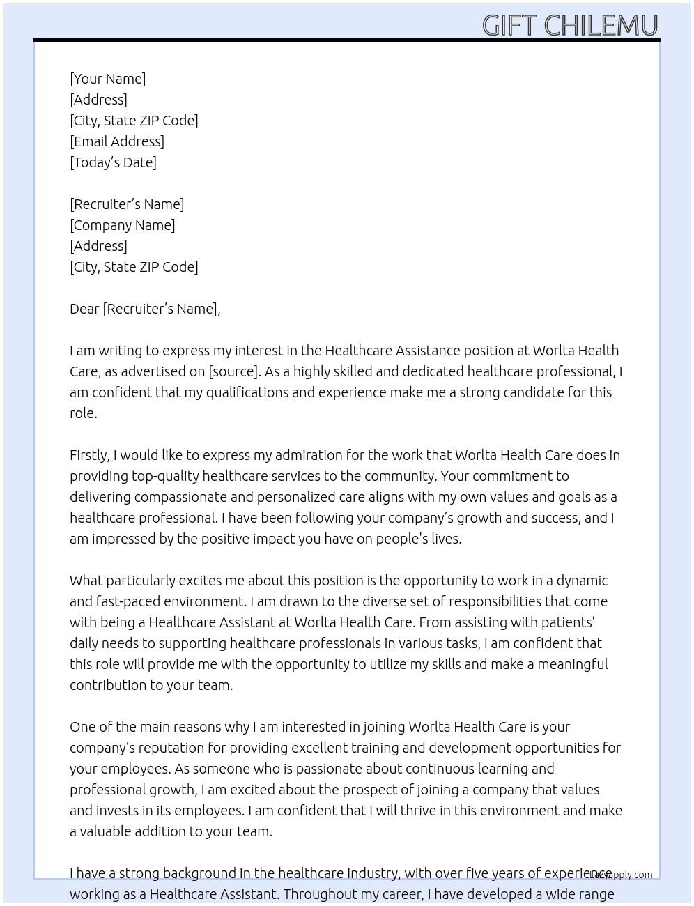 Healthcare Assistance At Worlta Health Care Cover Letter