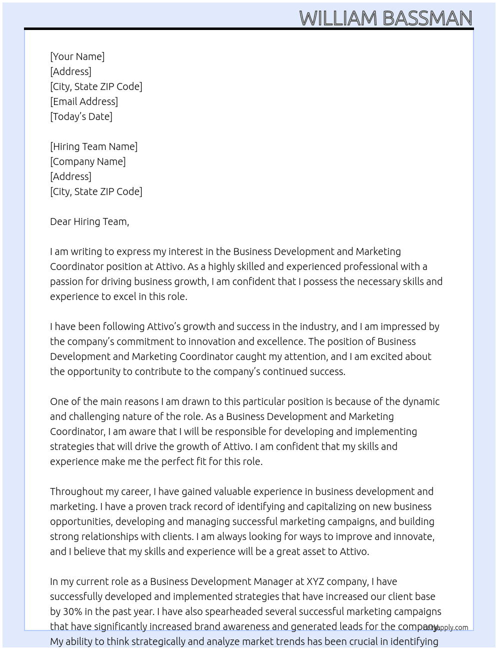 Business Development and Marketing Coordinator At Attivo Cover Letter
