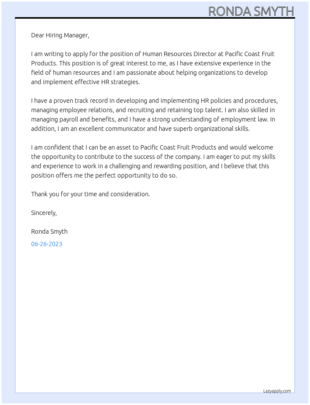 Human Resources Director At Pacific Coast Fruit Products Cover Letter