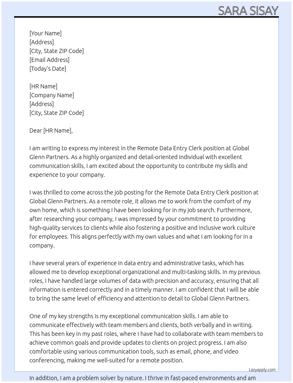 Remote Data Entry Clerk At Global Glenn Partners Cover Letter