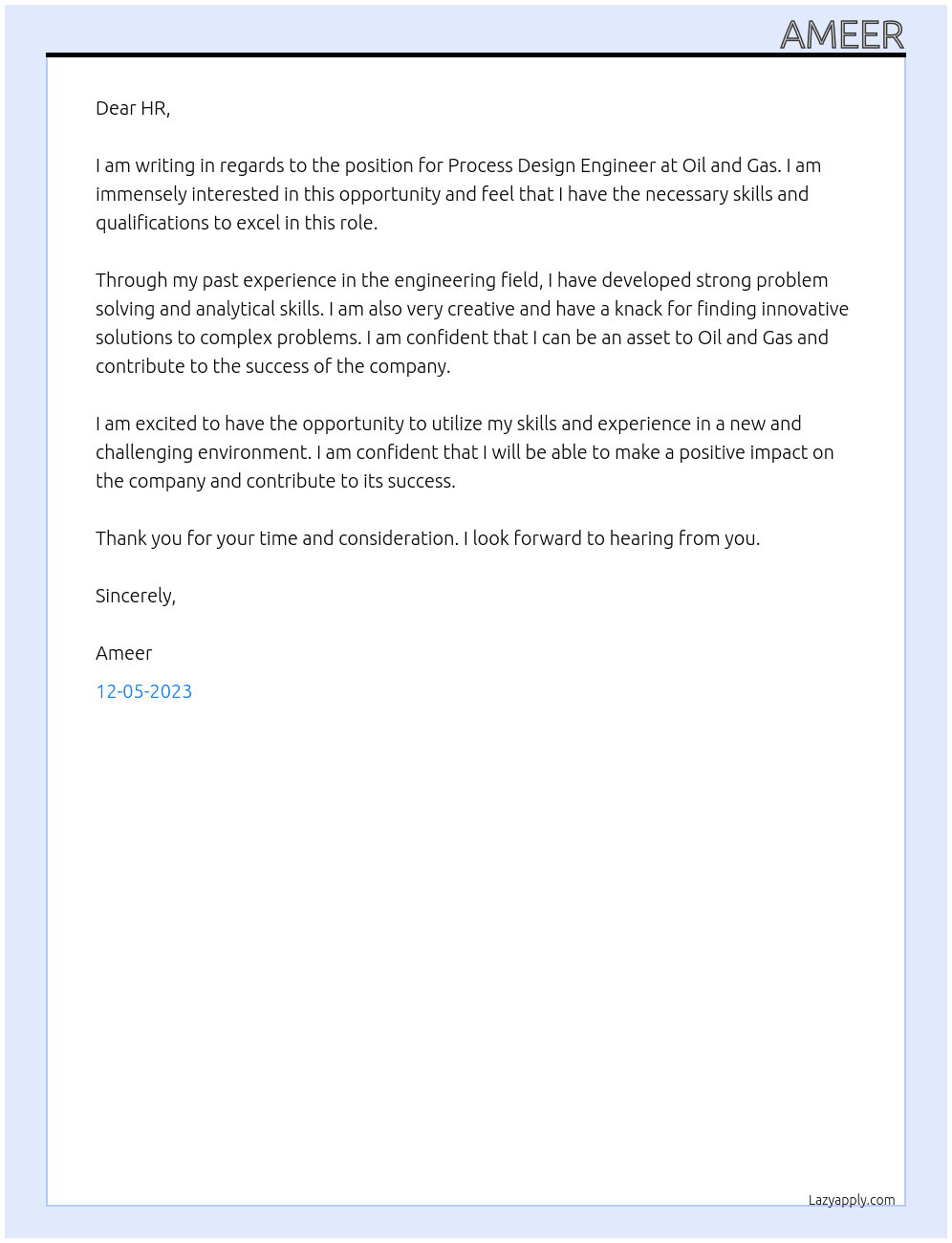 Process Design Engineer At Oil and Gas Cover Letter