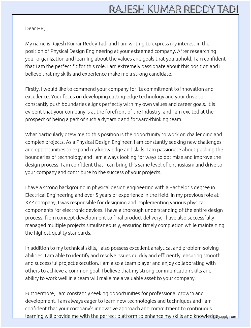 physical design engineering At to your company Cover Letter