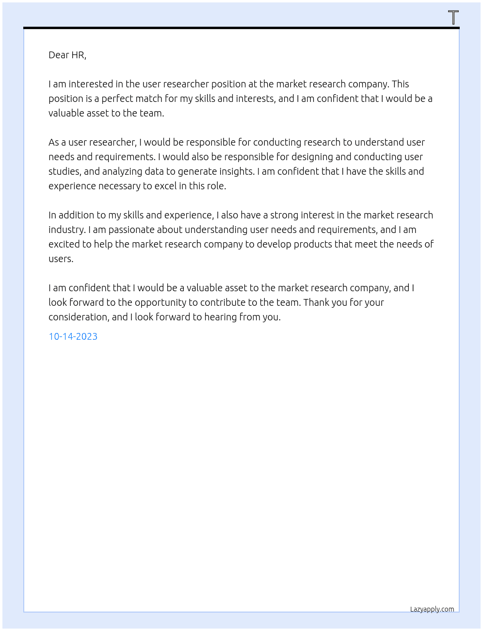 user researcher At market research company Cover Letter