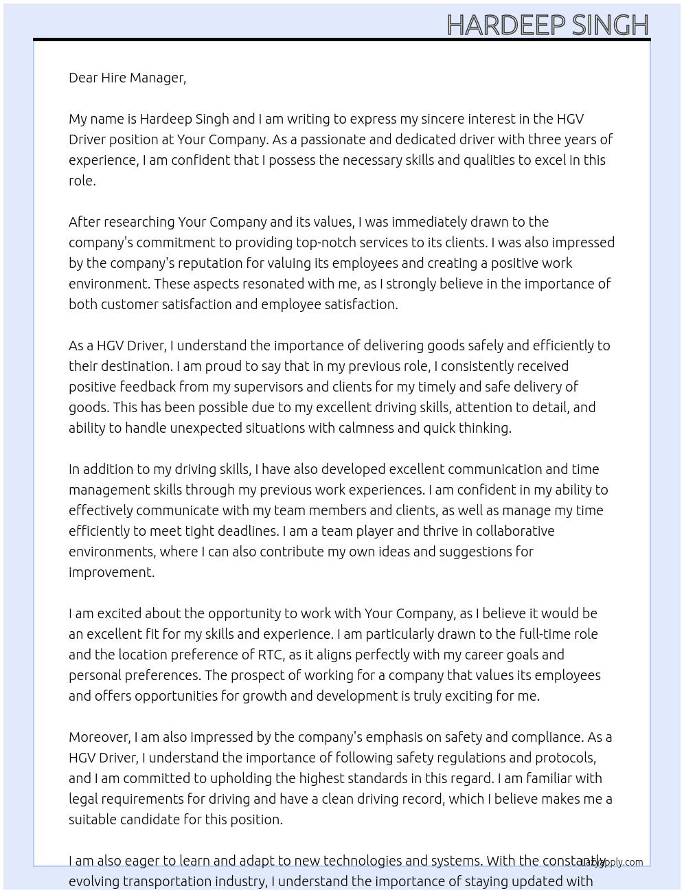 HGV Driver At Your Company Cover Letter