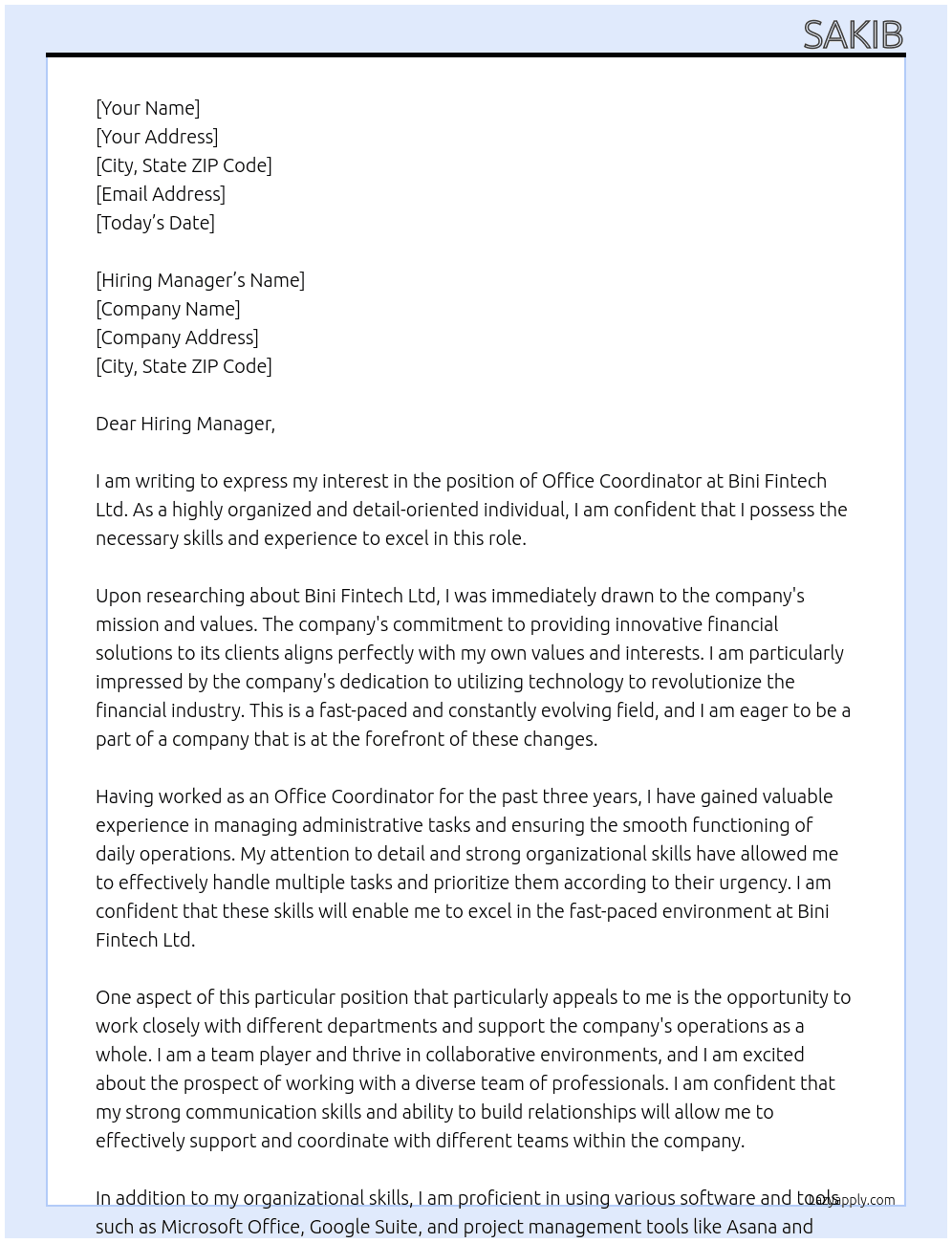 Office co ordinator  At Bini fintech ltd. Cover Letter