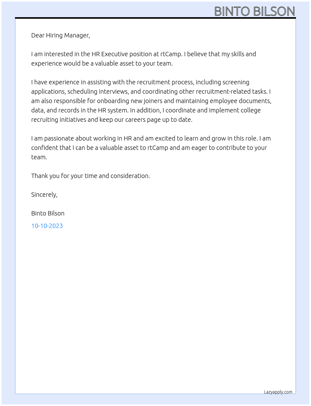 HR Executive At rtCamp Cover Letter