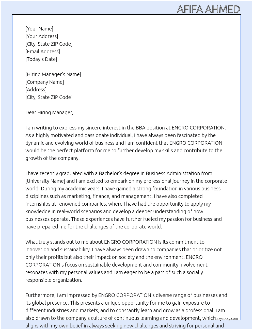 BBA At ENGRO CORPORATION Cover Letter