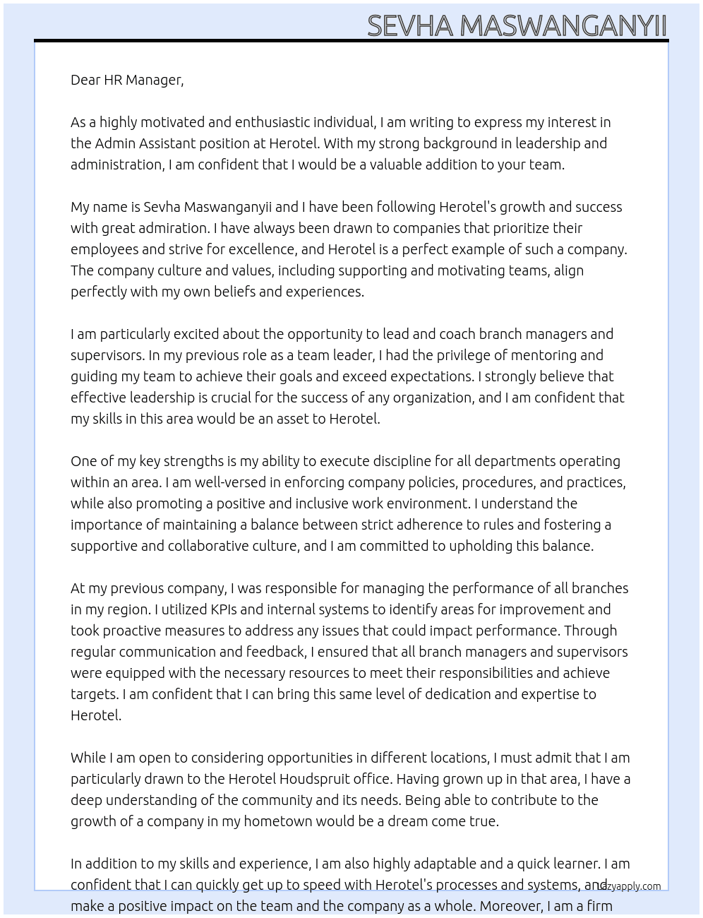 admin assistant At herotel Cover Letter
