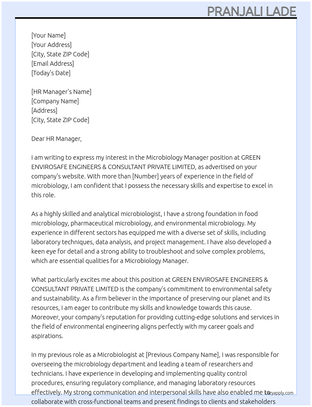 Microbiology Manager At GREEN ENVIROSAFE ENGINEERS & CONSULTANT PRIVATE LIMITED Cover Letter