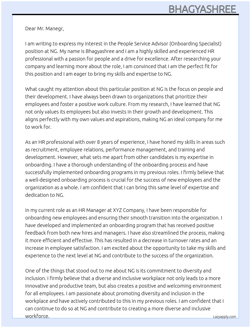 People Service Advisor  (Onboarding Specialist ) At NG Cover Letter