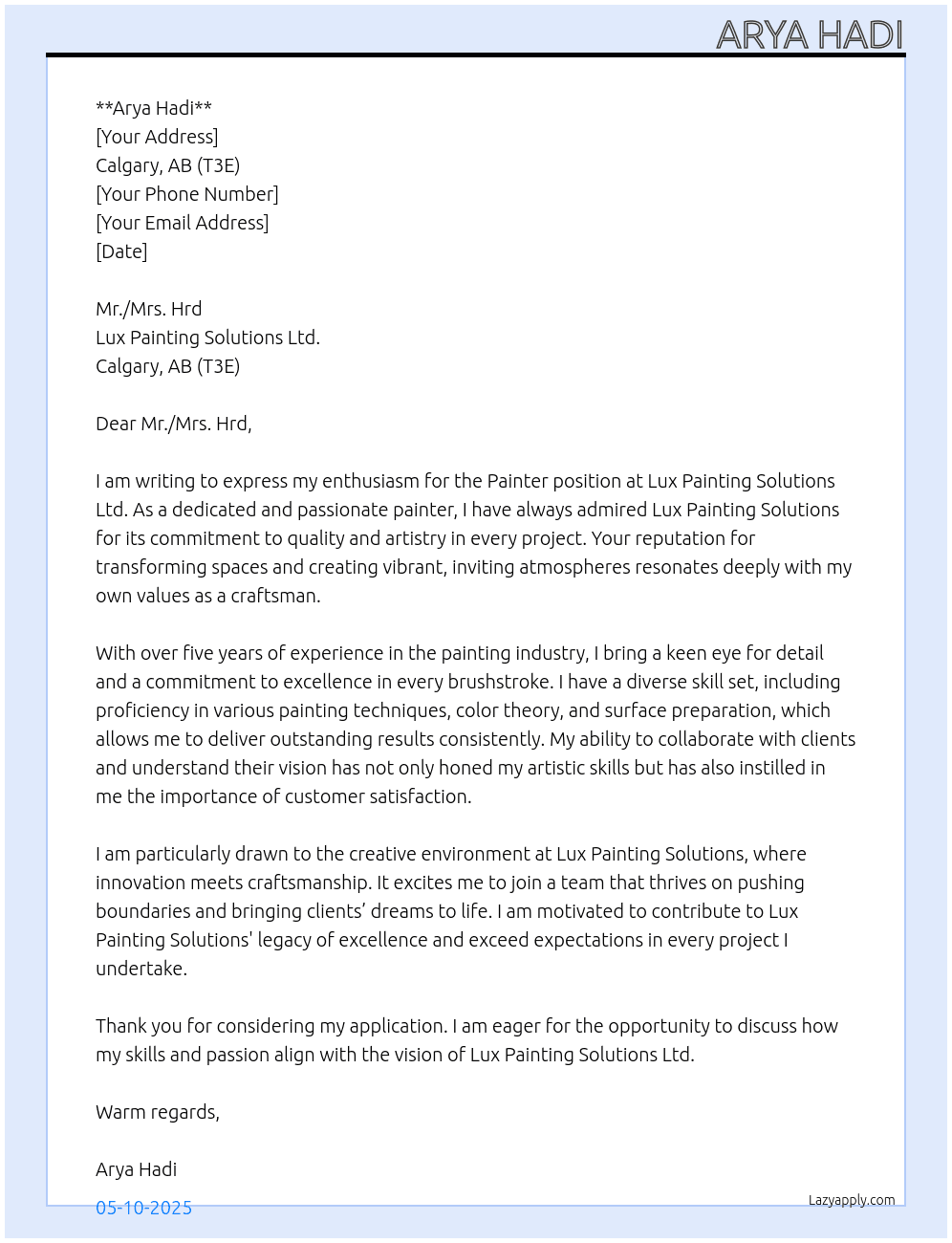 Painter At Lux Painting Solutions Ltd. - Calgary, AB (T3E) Cover Letter