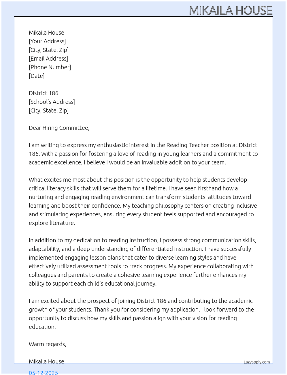 Cover letter for reading teacher - LazyApply