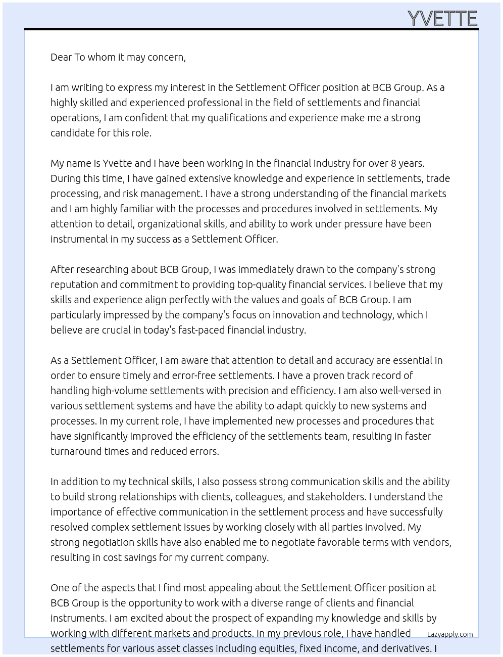 Settlement Officer At BCB Group Cover Letter