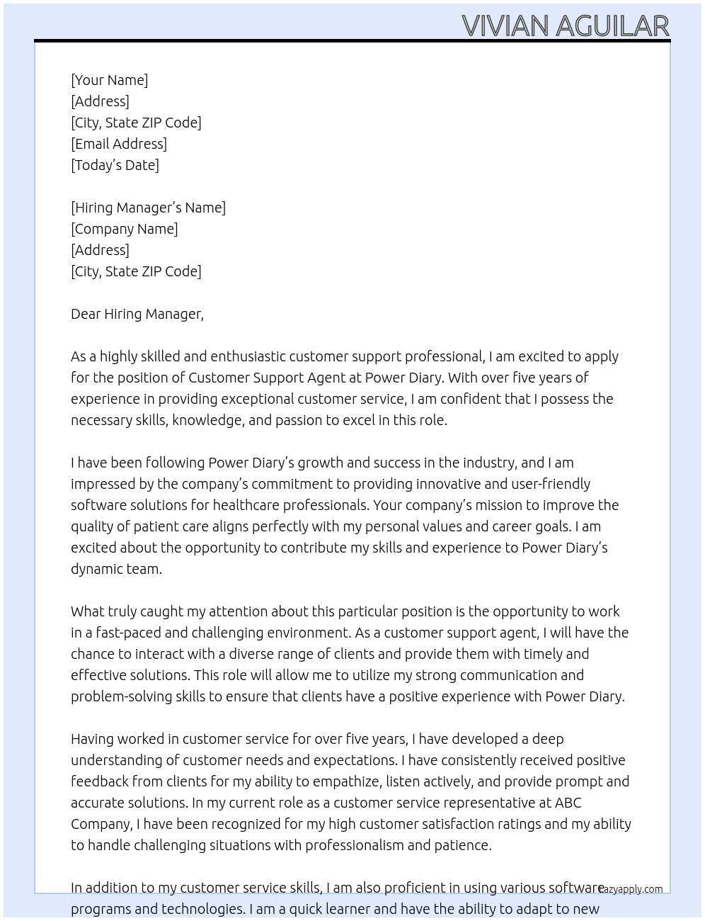 Customer Support Agent At Power Diary Cover Letter