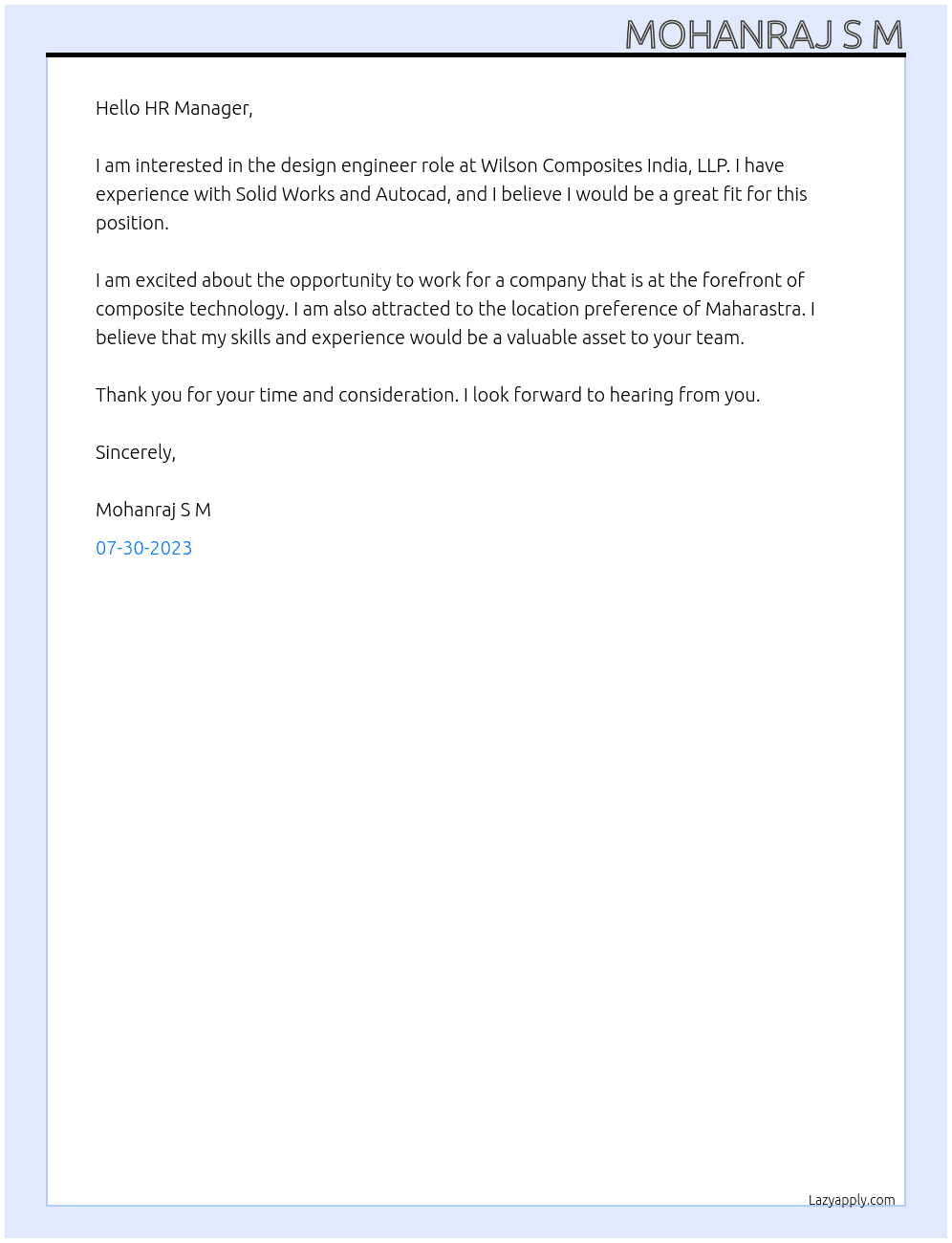 solid works , autocad  designer At Wilson Composites India, LLP Cover Letter