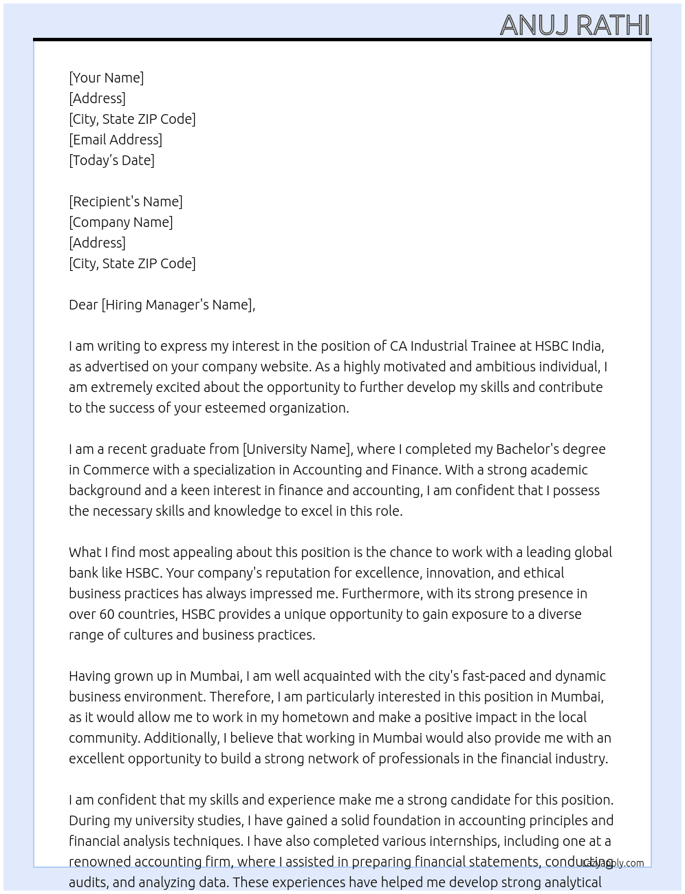 CA Industrial Trainee At HSBC India Cover Letter