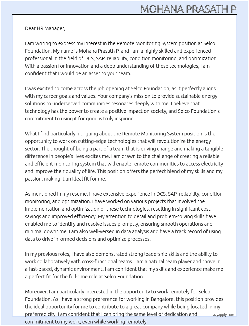Remote monitoring system At Selco foundation Cover Letter