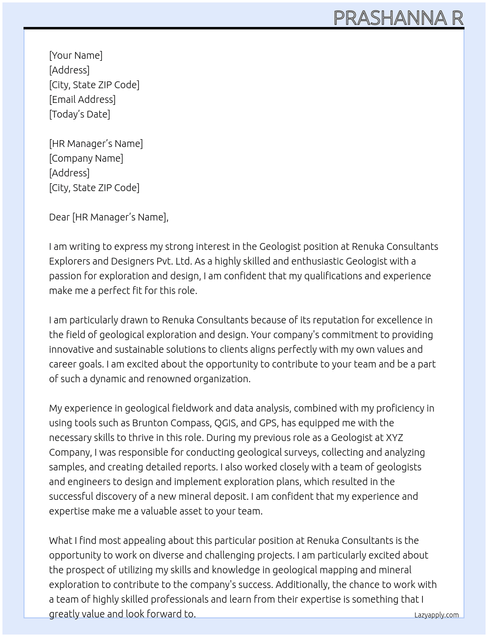 Geologist  At Renuka Consultants Explorers and Designers Pvt. Ltd.  Cover Letter