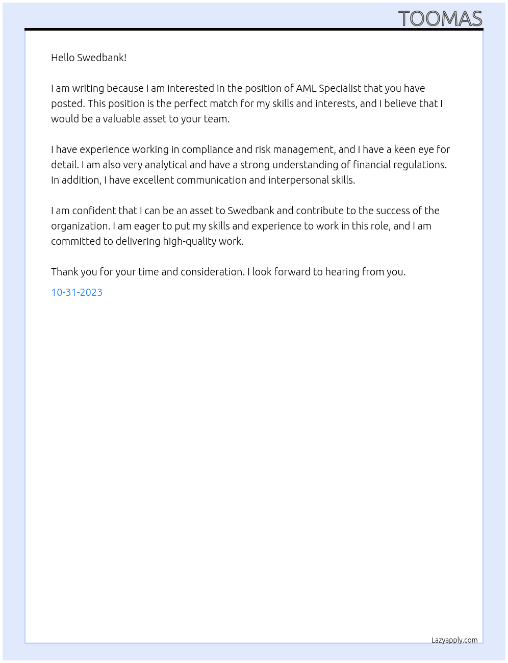 AML spetsialist At Swedbank Cover Letter